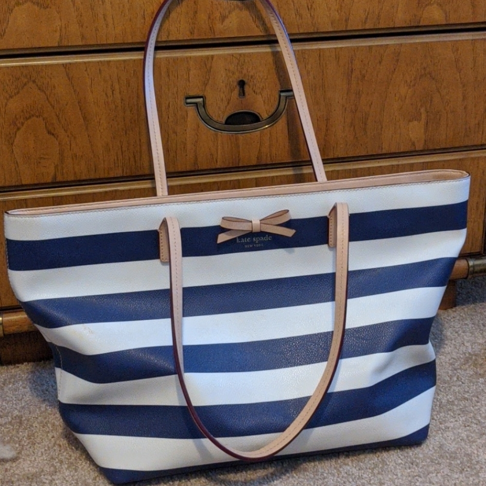 Kate Spade Navy and White Leather Trimmed Tote